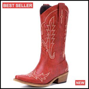 Vintage Western Cowgirl Boots Chunky Heel Pointed Toe Embroidery Pull-On